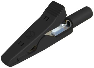 A black crocodile clip, opened. Suitable for use with electrical leads for testing and connections.