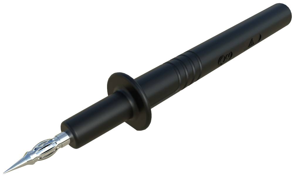 Soldering iron with a black handle and silver tip lies on a white background.