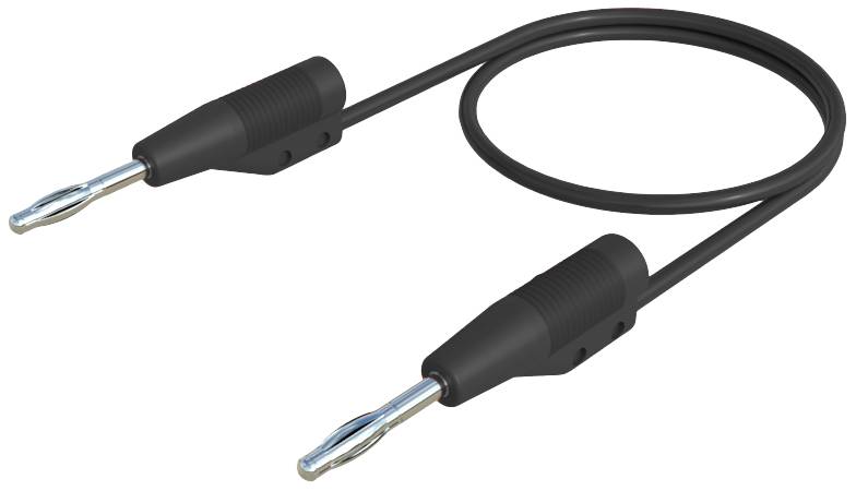 A black speaker cable with banana plugs at both ends, suitable for connecting speakers to an amplifier.