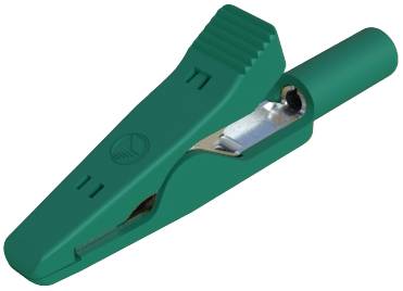 Green plastic crocodile clip with metal part, used as an electrical connection contact.