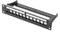 A blank patch panel with twelve numbered ports, suitable for network cabling in an IT rack.