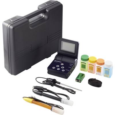 'Test set with digital device, five bottles of different sizes, electrode indicators, cables and case.'