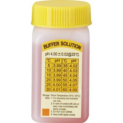 Red buffer solution for calibration with pH value 4.00±0.02 at 25°C. Label shows pH value at different temperatures.