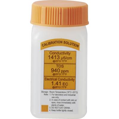 Bottle with calibration solution label. Conductivity: 1413 µS/cm, TDS: 940 ppm, electrical conductivity: 1.41 EC at 25°C/77°F.
