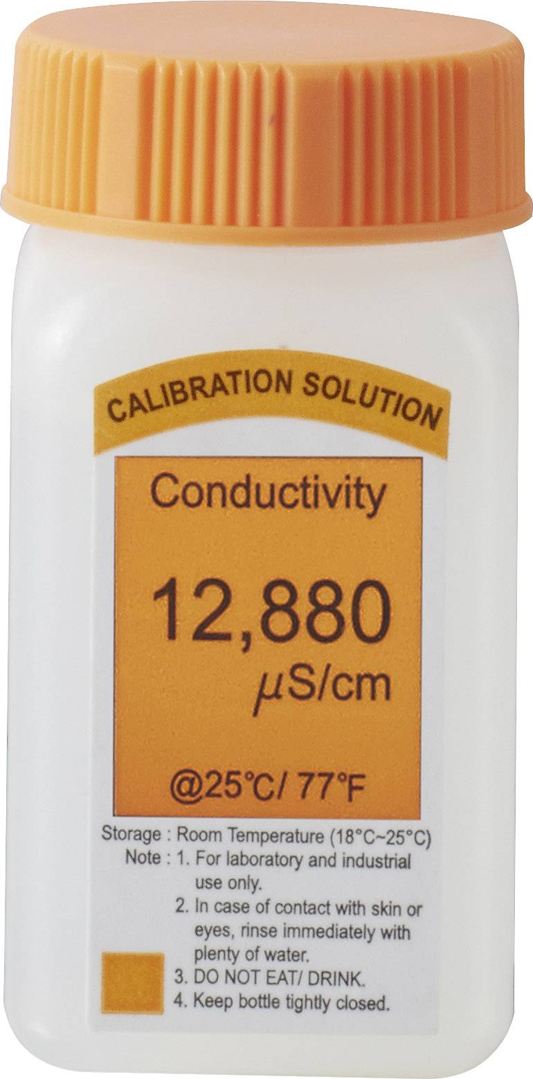 Calibration solution for conductivity, 12,880 µS/cm at 25°C. Warning: Do not eat or drink, avoid skin contact. Close bottle tightly.