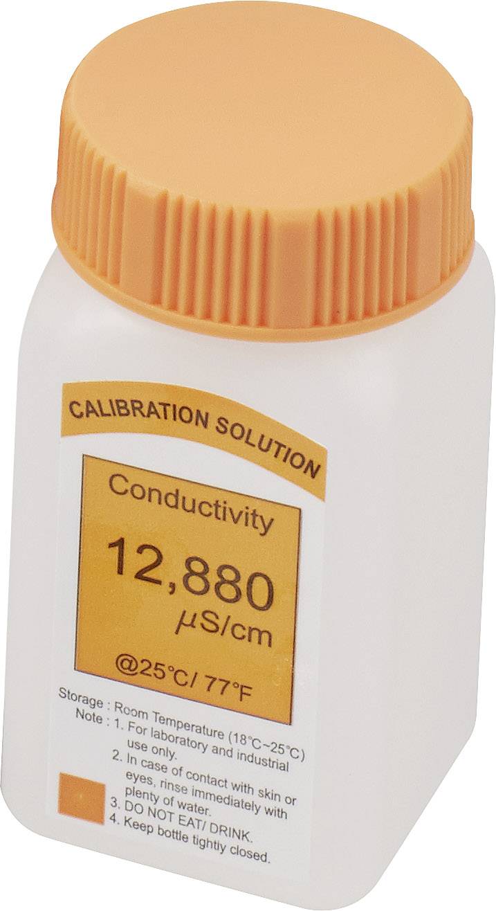 Calibration solution with a conductivity of 12,880 µS/cm at 25°C. Bottle with an orange lid and warning labels.