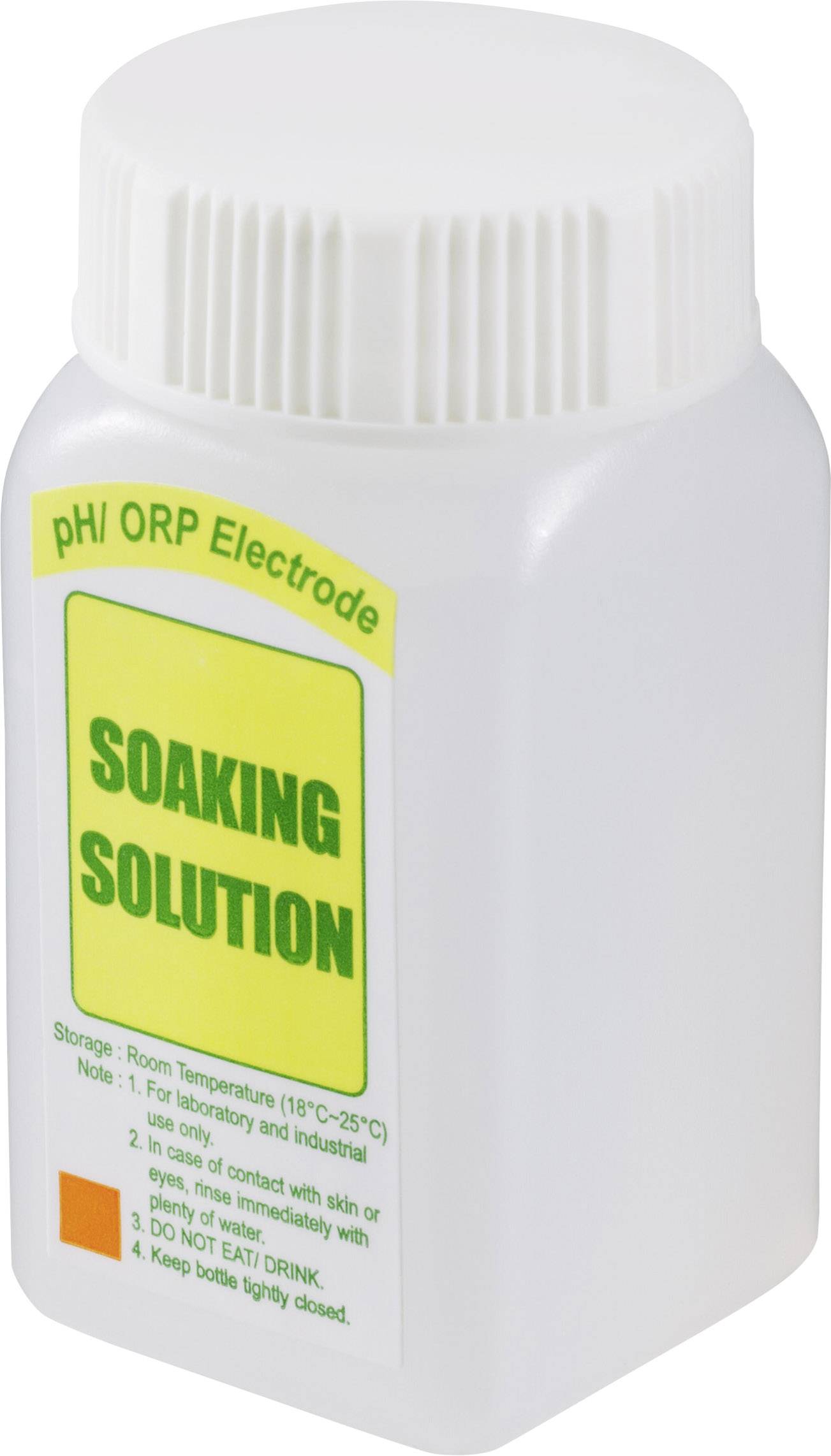 A white bottle with a yellow label and the inscription 'Soaking Solution'. Storage and usage instructions printed on it.