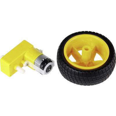 Yellow plastic geared motor and wheel for robotics construction kits. Motor with metal shaft, wheel with black rubber tyre and yellow rim.