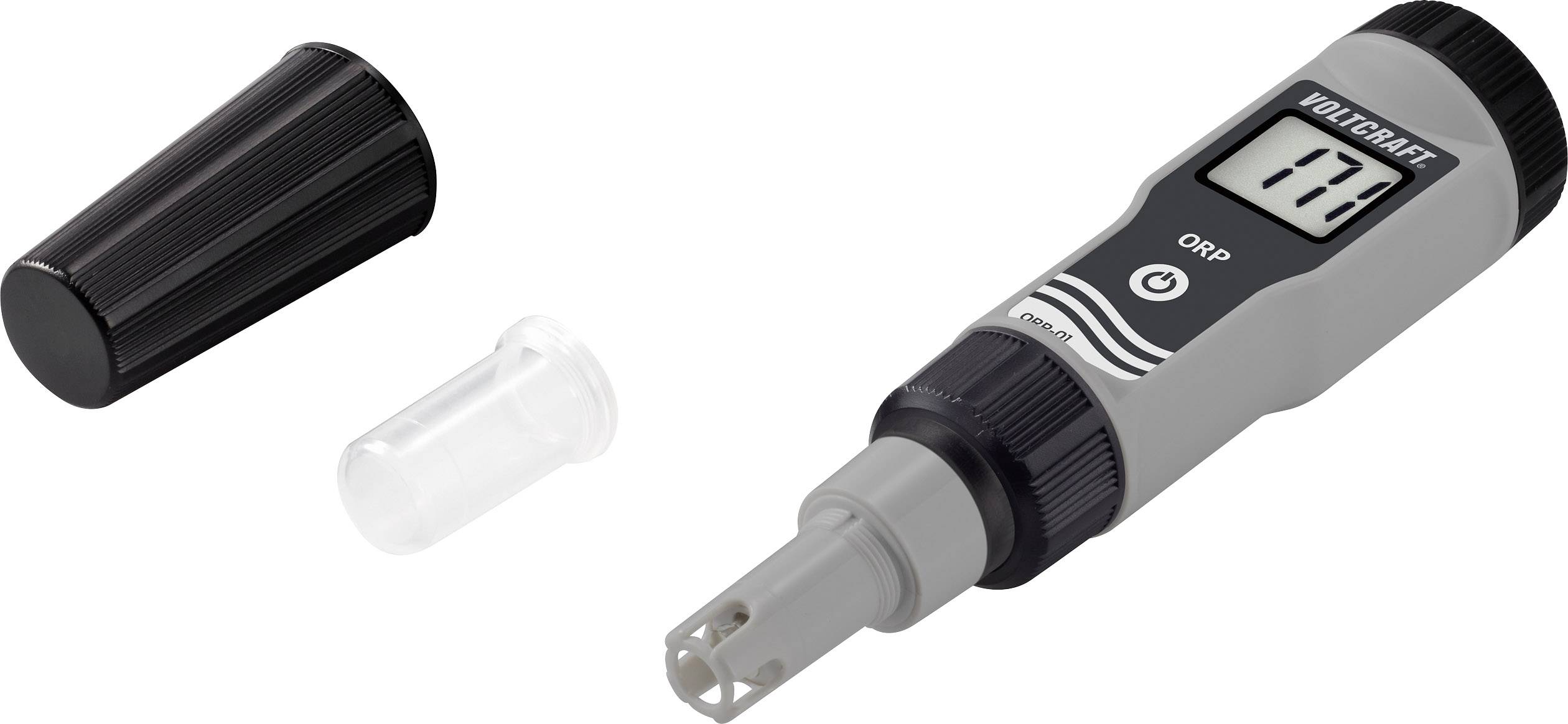 A digital measuring device with a display shows the value '77'. It is used to measure ORP values in liquids. Two removable caps are lying beside it.