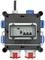 Electrical control cabinet with two red and six blue sockets. Contains four protective switches internally, displaying technical information.