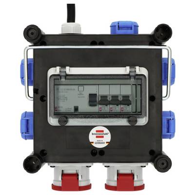 Portable electrical distribution box with circuit breaker panel and multiple blue and red connectors on a white background.