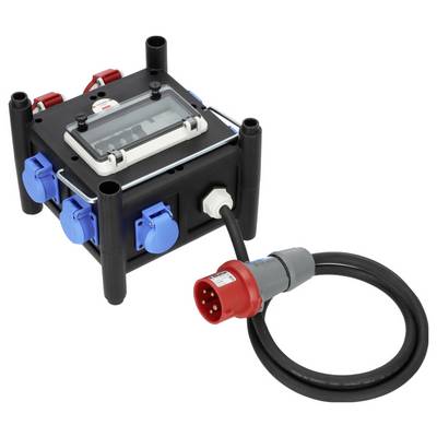 Portable electrical power distribution box with blue and red industrial outlets and a connected red plug and cable.