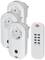 Three white remote-controlled plug sockets; buttons for four devices and an on/off switch. Ideal for controlling electronic equipment.