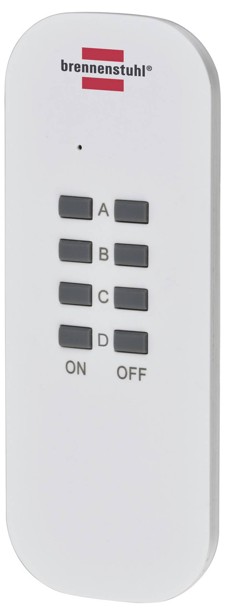 White Brennenstuhl remote control with four buttons labeled A, B, C, and D, and ON/OFF text at the bottom.<br>