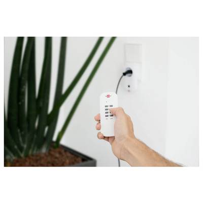 Hand holding a remote control aimed at a wall outlet, turning on a plugged-in device beside a potted plant.<br>