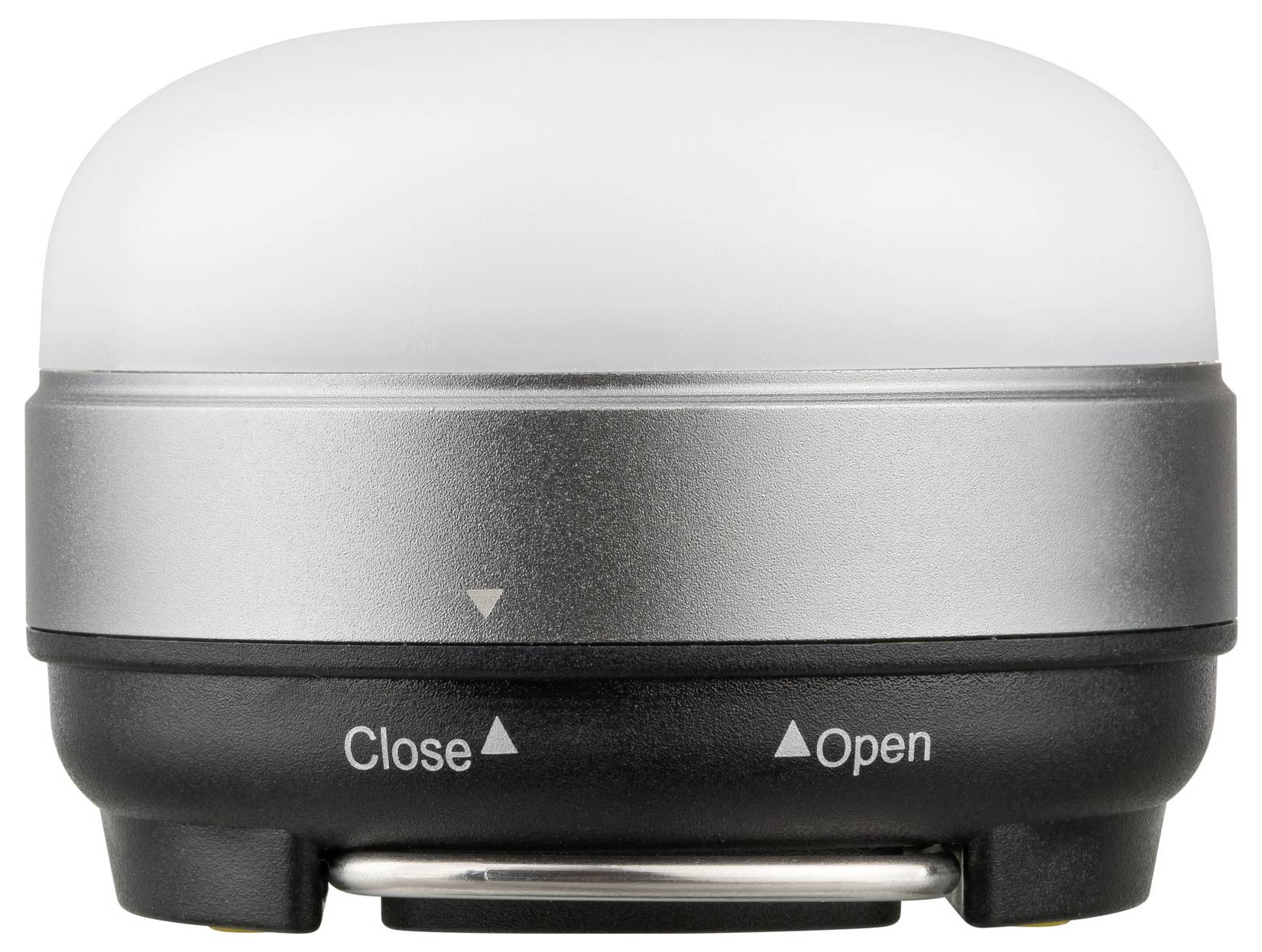 Silver and black lantern-style camping light with a frosted dome top, labeled Close and Open on the base.