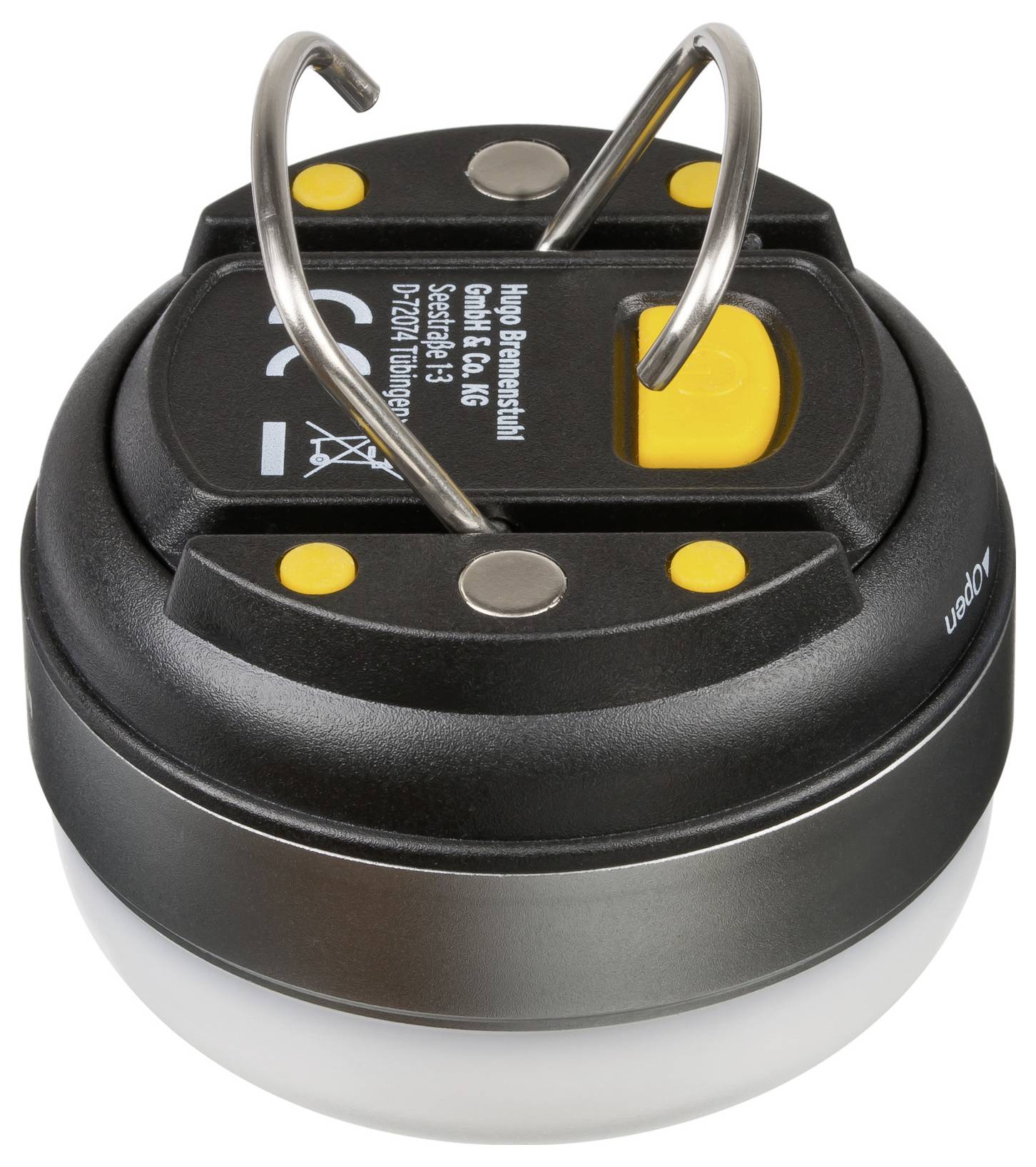 Black and yellow camping lantern with a fold-up metal handle, shown on a white background.