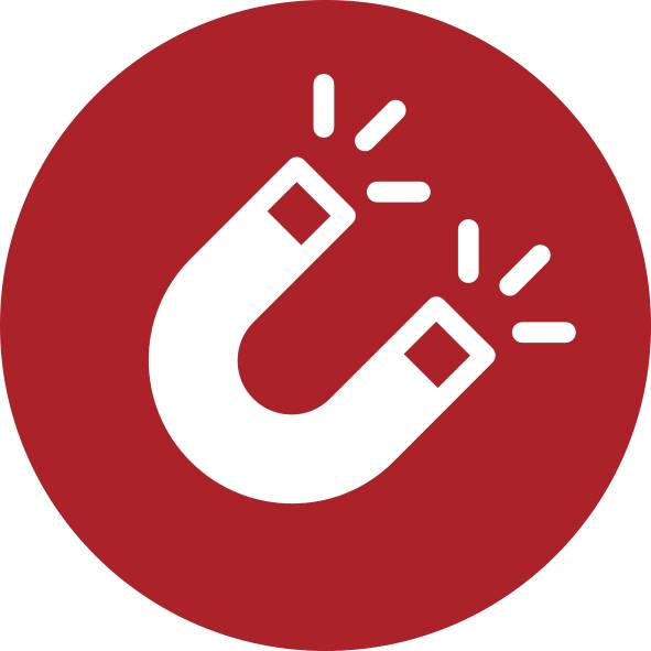 White horseshoe magnet icon with spark lines on a red circular background, symbolizing attraction or magnetic pickup.