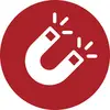 White horseshoe magnet icon with spark lines on a red circular background, symbolizing attraction or magnetic pickup.