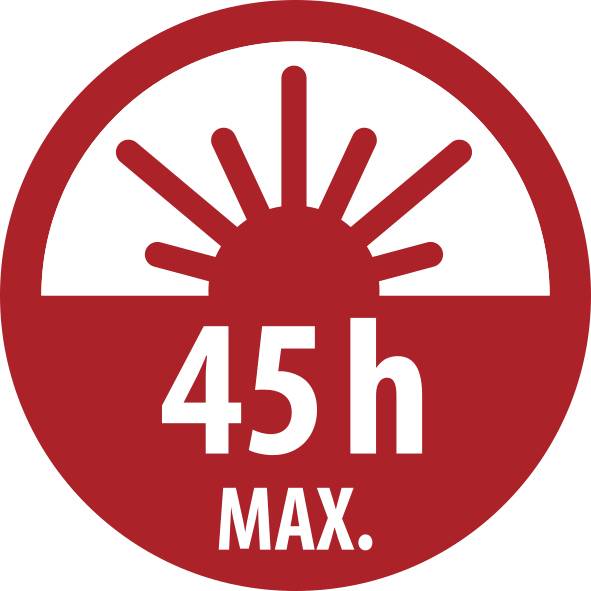 Red circular safety sign showing a sun icon above the text '45h MAX.' indicating a maximum 45-hour limit.