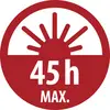 Red circular safety sign showing a sun icon above the text '45h MAX.' indicating a maximum 45-hour limit.
