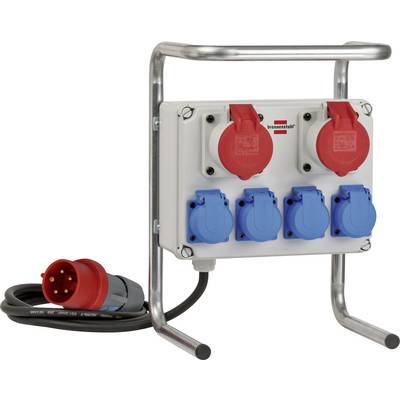 Portable industrial power distribution box with multiple red and blue covered outlets, attached power cable and plug on a metal stand.