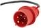 Red CEE plug with five golden contact pins and a black cable. Suitable for industrial applications and high current intensities.