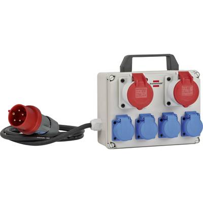 Portable industrial power distribution box with red and blue covered outlets; a coiled power plug lies beside it.