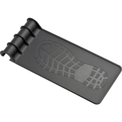 Black rubber boot scraper mat with raised ribbed edge and tread pattern for cleaning shoes before entering.