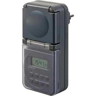 Wall-mounted programmable outdoor timer with digital display and buttons, showing '15:41' on the screen.