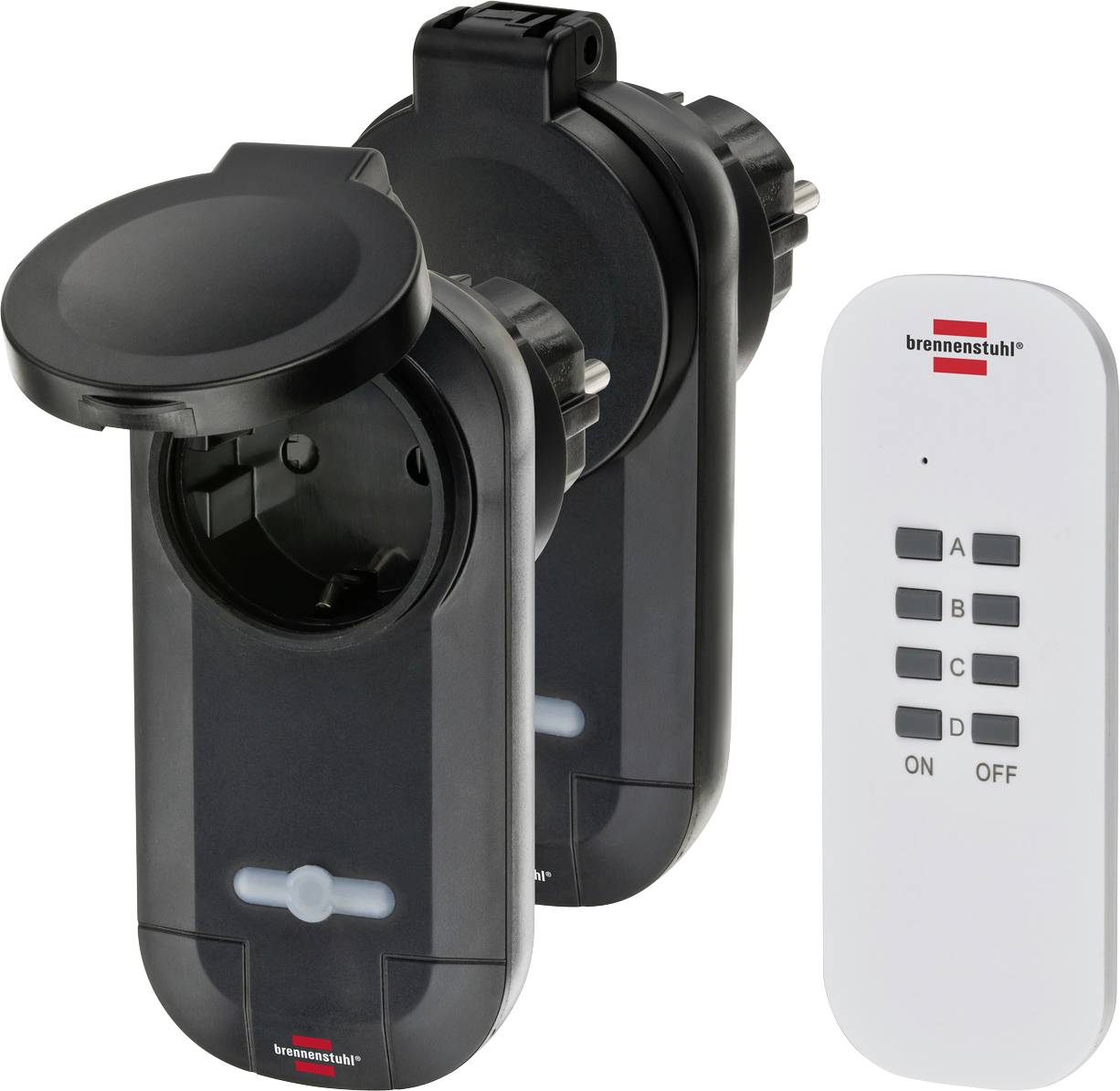 Remote-controlled outdoor power outlet set with black socket adapters and a white four-button remote labeled A, B, C, D, ON, OFF.