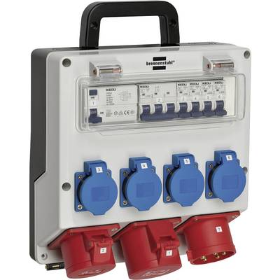Portable electrical distribution box with handle, circuit breakers, and blue and red outlet sockets<br>
