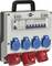 Portable electrical distribution box with handle, clear breaker panel, and four blue and three red power sockets.<br>