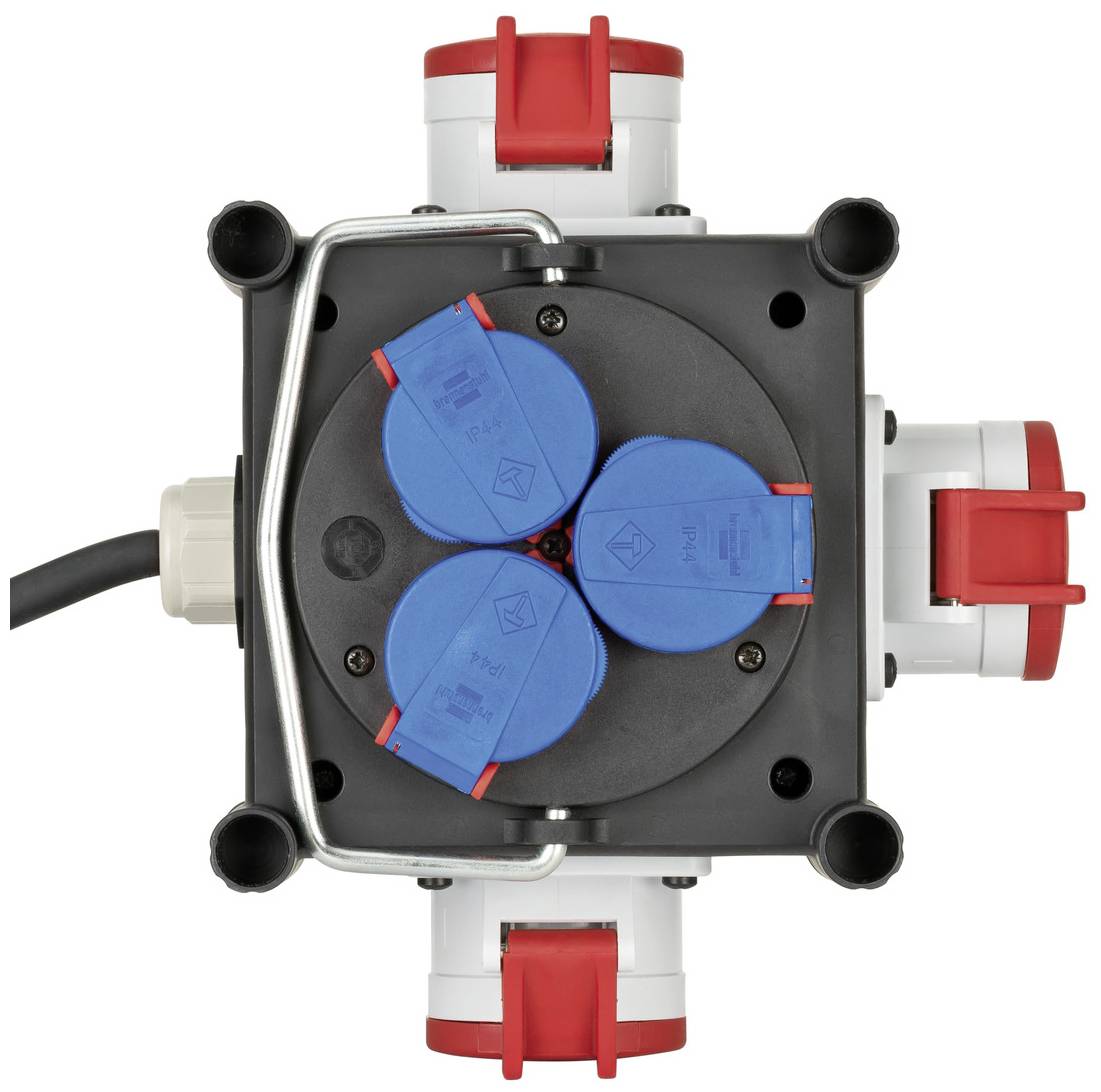 'Distribution socket with three blue sockets facing upwards, featuring red and black elements, suitable for industrial applications.'