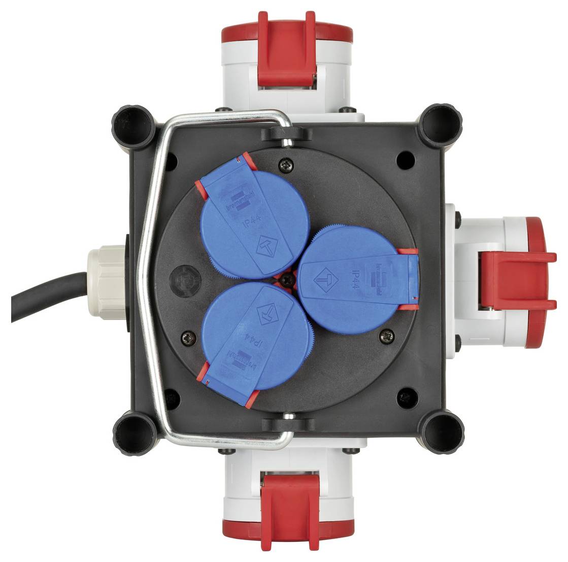 Industrial electrical outlet box with four blue covered sockets and red-capped ports on a white background.