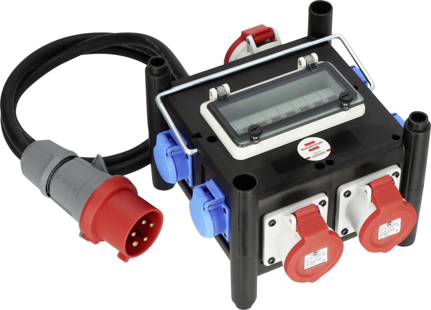 Portable electrical distribution box with handle and cable, featuring multiple red and blue power outlets and a top display window on a black case.