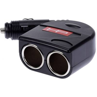 Black car cigarette lighter adapter with two sockets and red logo.