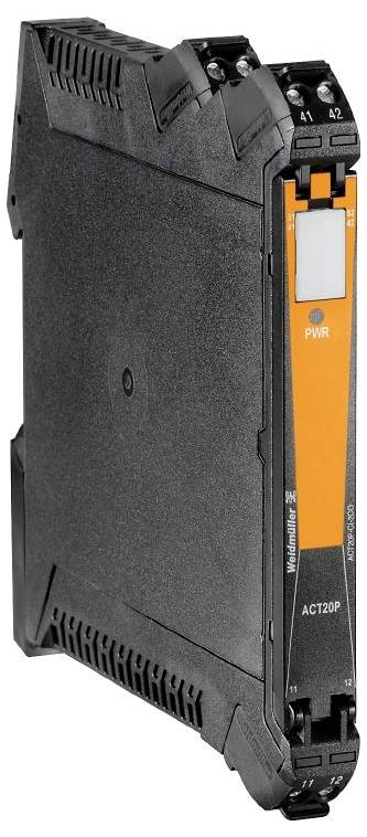 A slim, black industrial electronic module marked 'PWR' with an orange stripe, designed for mounting in control panels or automation systems.