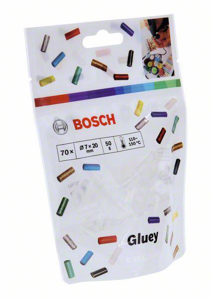 A pack of Bosch Gluey Glue Sticks. Contains 70 pieces, size Ø 7 x 20 mm. Temperatures of 110-150°C. Assorted colours.