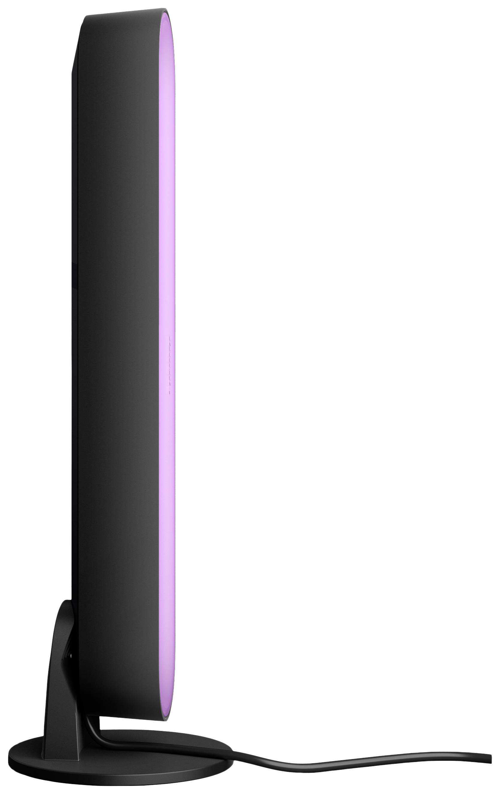 A sleek, black LED lamp in profile, emitting purple light, standing on a circular stand.