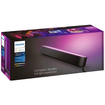 Philips Hue Play Light Bar in black packaging, promoting 'Compact design, full lighting experience'.