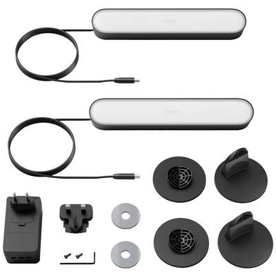 Two elongated LED light fixtures with cable, power adapter, plug attachments, screws and mounting brackets; accessories for light installation.