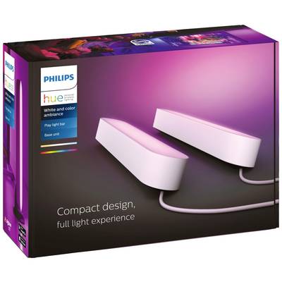 'Philips Hue' Play Light Bar packaging with an image of two pink glowing light bars and text 'Compact design, full light experience'.