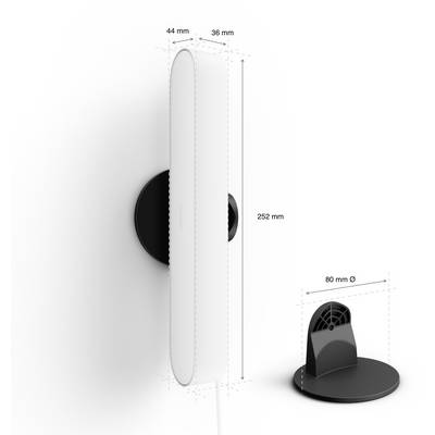 'Air purifier in side view: Height 252 mm, Width 44 mm, Depth 36 mm; Base diameter 80 mm. Sleek, modern design.'