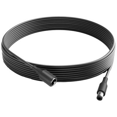 A long, black cable with round plugs at both ends, suitable for electronic connections or charging.
