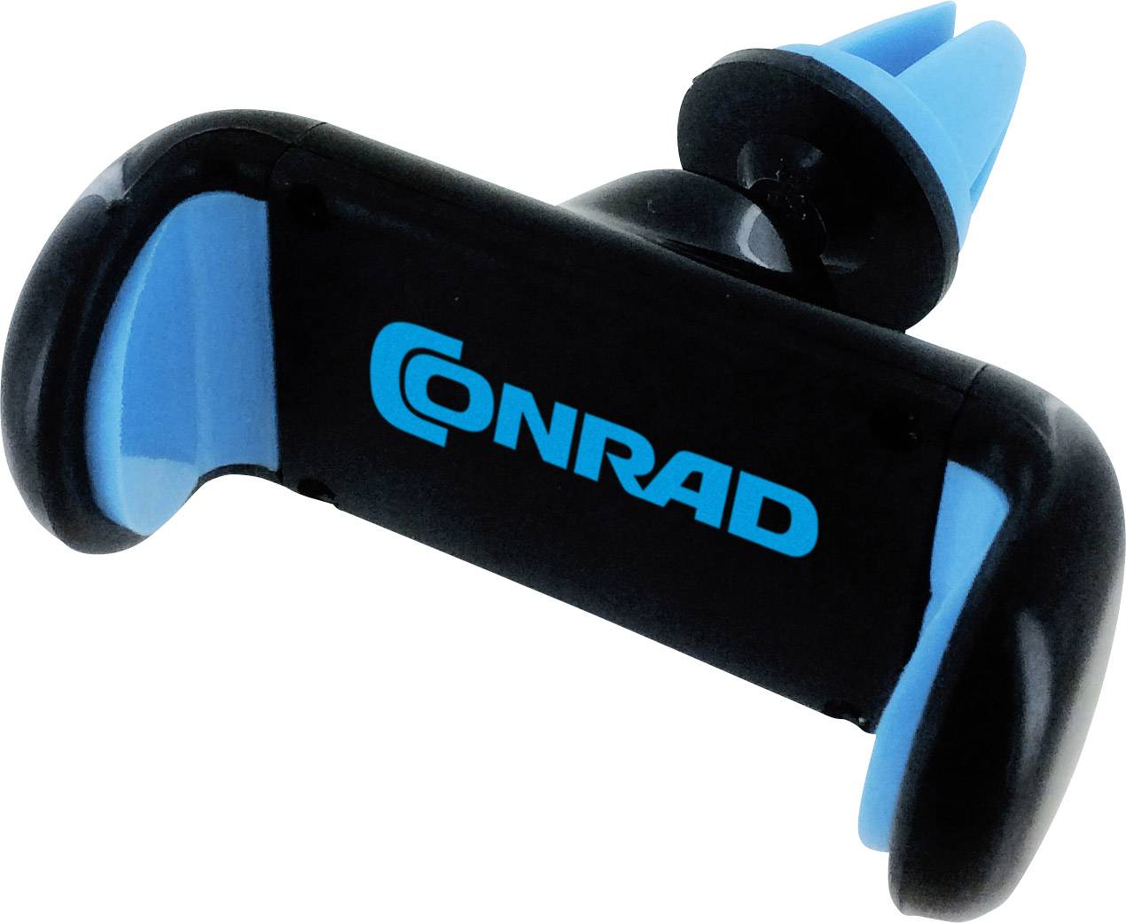 Black and blue smartphone holder with the 'CONRAD' inscription, designed for mounting in a car air vent.