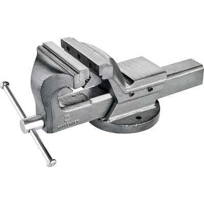 A silver metal vice with a handle, mounted on a rotating base.