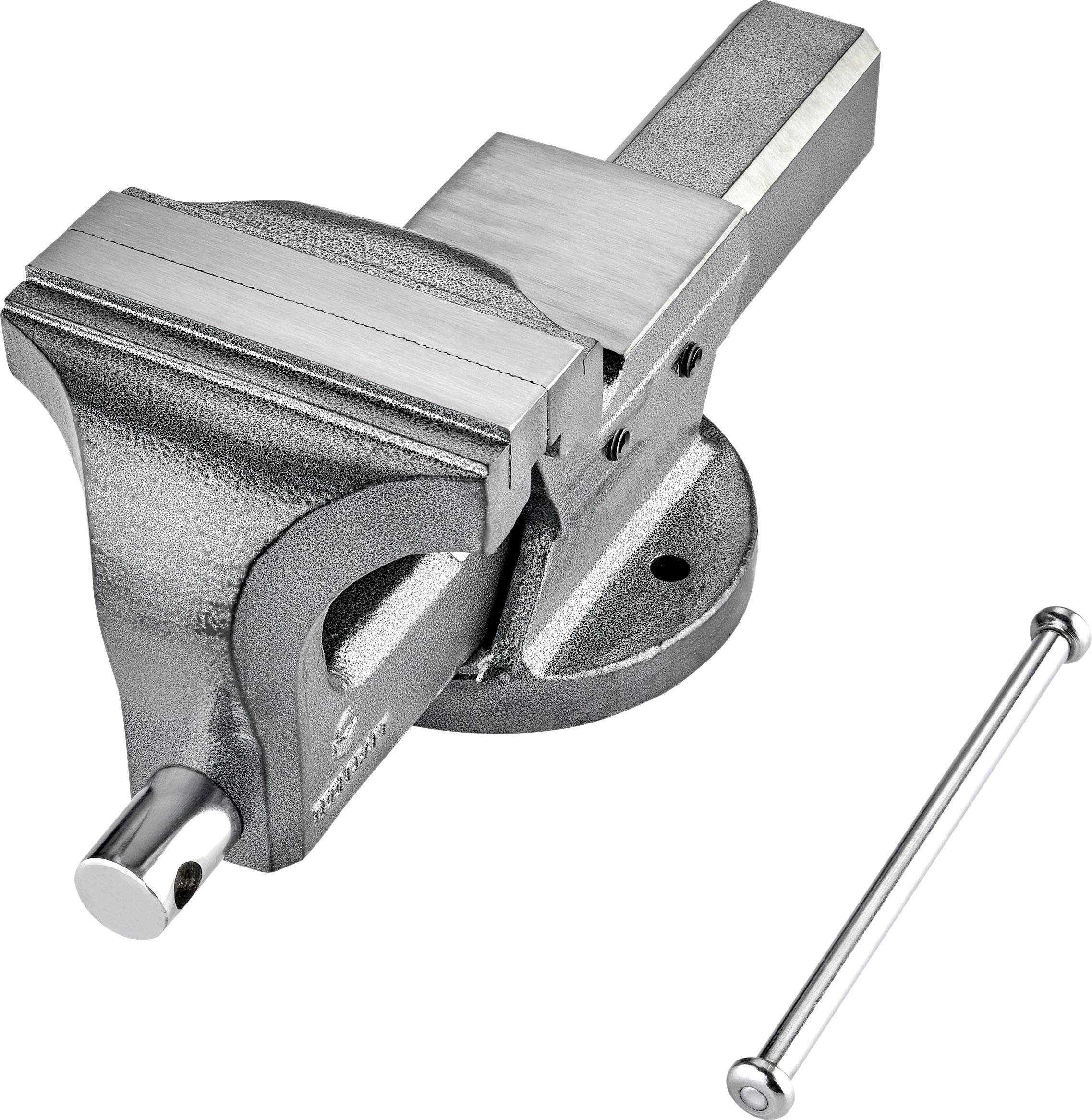 Metal vice with fixed and movable jaws, mounted on a circular base. A pin is lying beside it. Suitable for workshop tasks.