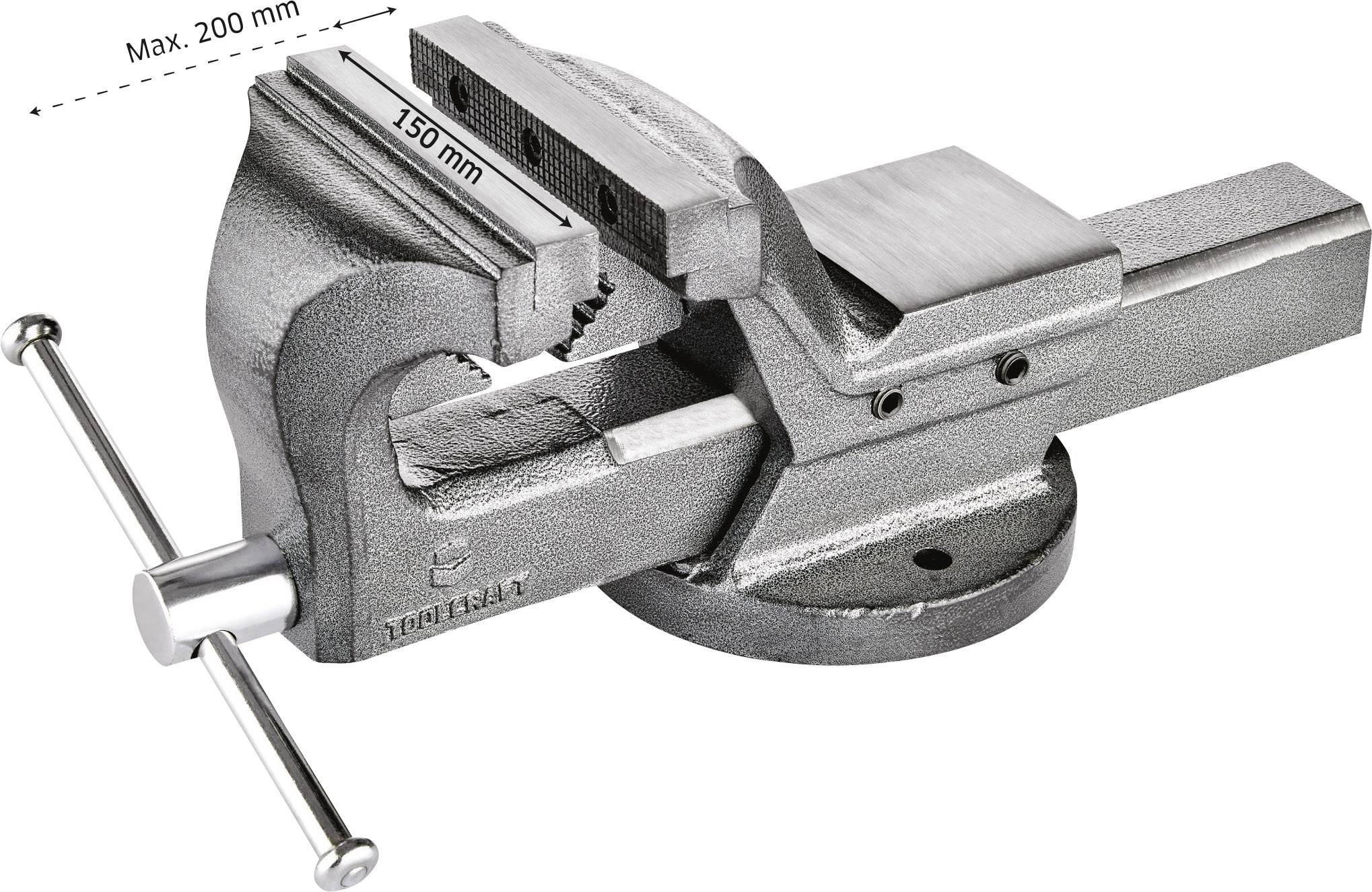 A substantial bench vice, opened to 150 mm, maximum length 200 mm. Constructed from robust metal with a rotating base and handle for securing.
