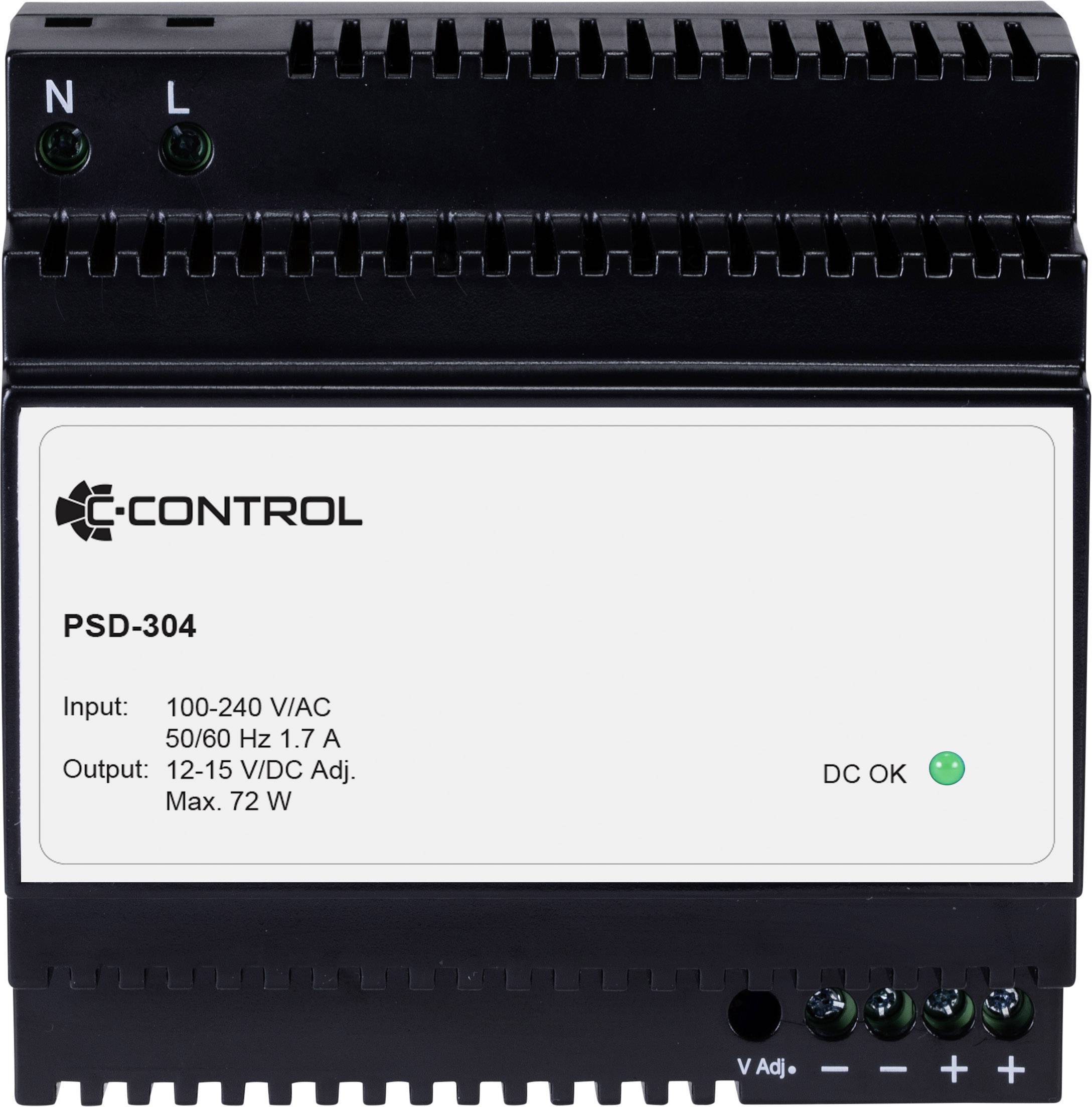 'PSD-304 Power Supply' - A black power supply unit with white labels showing input and output data. Manufacturer's logo in the top left corner.